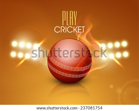 Night stadium lights with red glossy cricket ball in flame for cricket sports concept.