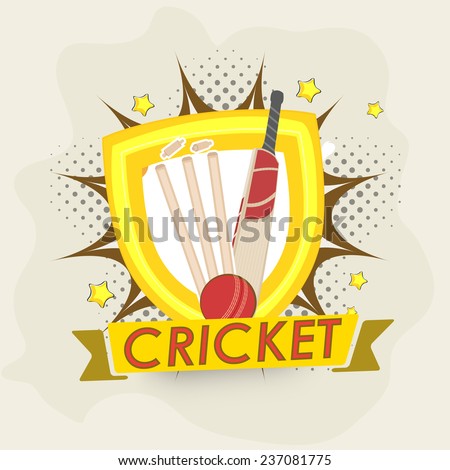 Winning shield with bat, ball, wicket stump and text for sports of cricket concept on creative background.
