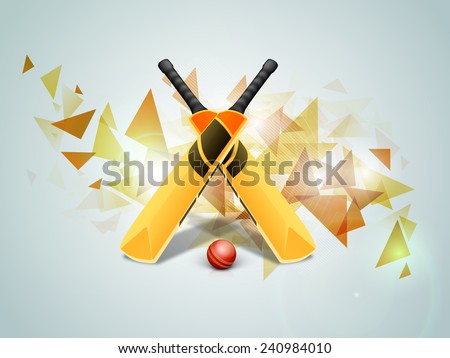 Shiny bats with red ball on stylish blue background for Cricket sports concept.