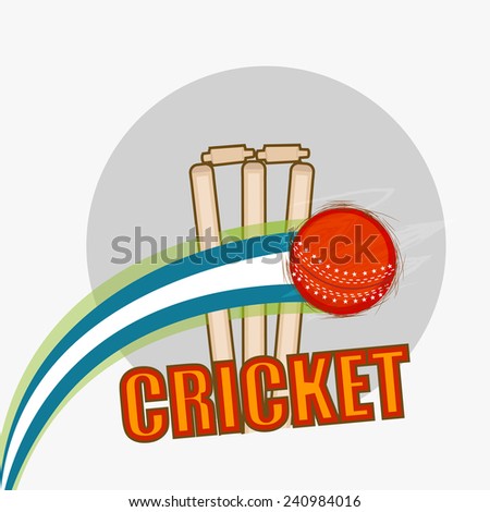 Red ball bouncing in front of wicket stumps for Cricket sports concept.