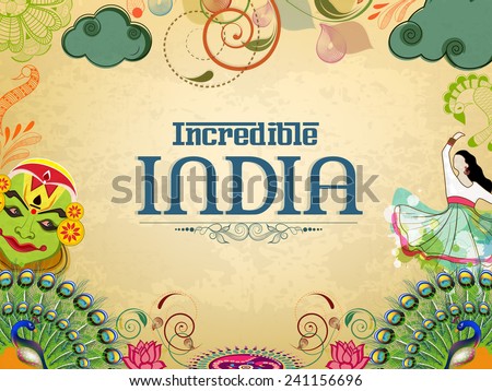 Incredible India, a glance of traditional Indian dances with National Bird Peacock and Flower Lotus on grungy background.