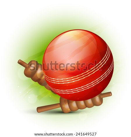 Cricket sports concept with glossy red ball and bails on green background.