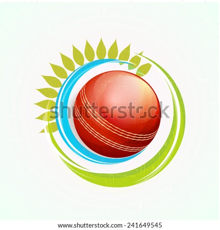 Cricket sports concept with glossy red ball and green leaves on sky blue background.