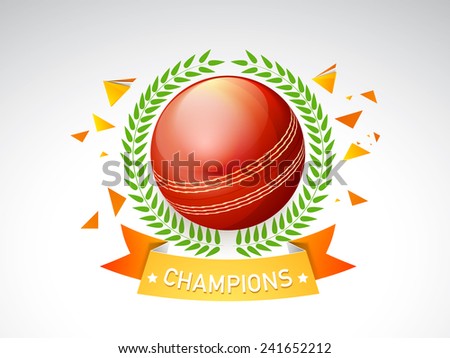 Glossy red ball surrounded by laurel wreath for Cricket on grey background.
