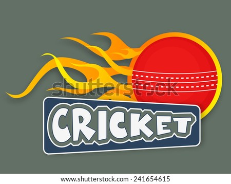 Red cricket ball in flame with text cricket, sports concept.