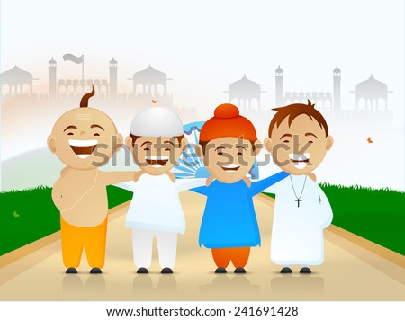 Democratic India, cute little kids of different religion showing Unity in Diversity with Ashoka Wheel on Red Fort silhouette background for Republic Day.