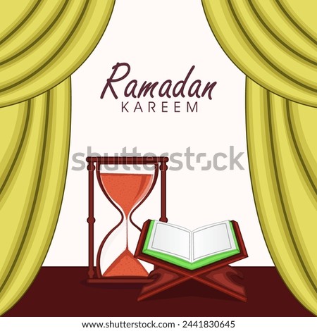 Open holy islamic book Quran Shareef with send clock for holy month of muslim community, Ramadan Kareem celebration.