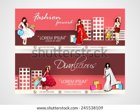 Fashion headers with images of complexes, young girl or women wearing fashionable dress or saree with shopping bags.