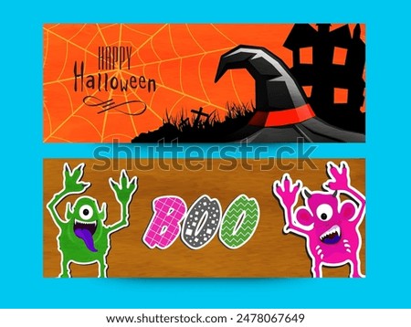 Happy Halloween Social Media Banner or Header with Scary Monsters and Witch Hat in Two Color Options.