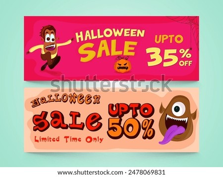 Halloween Sale Social Media Banner or Header Set with Scary Monsters, Jack-o-lantern in Two Color Options.