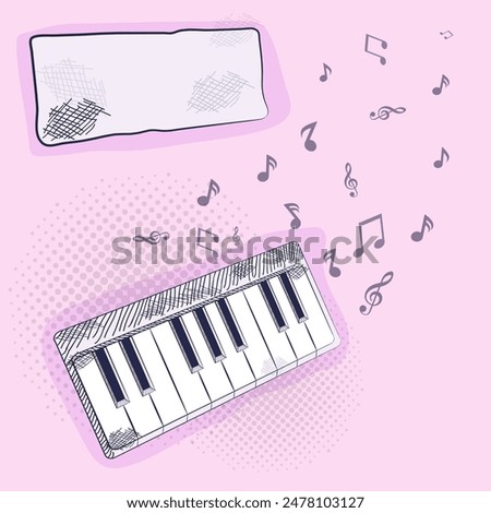Music Noted Coming from Piano Keyboard in Doodle Style on Pink Background and Copy Space.