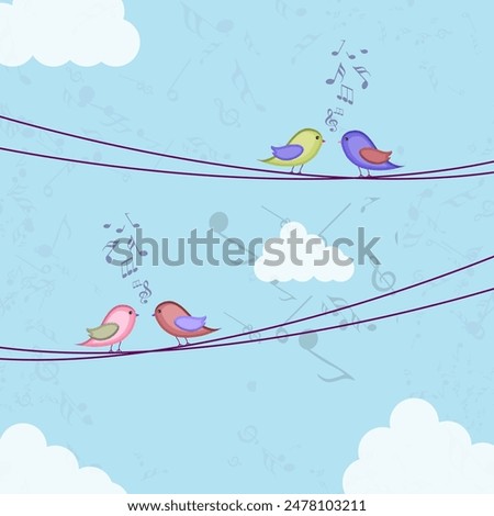 Illustration of Two Lovebirds Singing Songs on String  and Blue Music Notes Background.