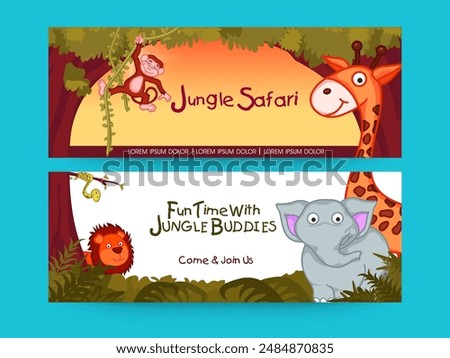 Jungle safari banner or header design, cartoon animals characters enjoying with buddies in two options.