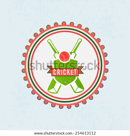 Sticker, badge or label with red ball, bat and winning shield for Cricket sports concept.