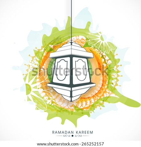Hanging arabic lantern on beautiful floral decorated background for Islamic holy month of prayers, Ramadan Kareem.