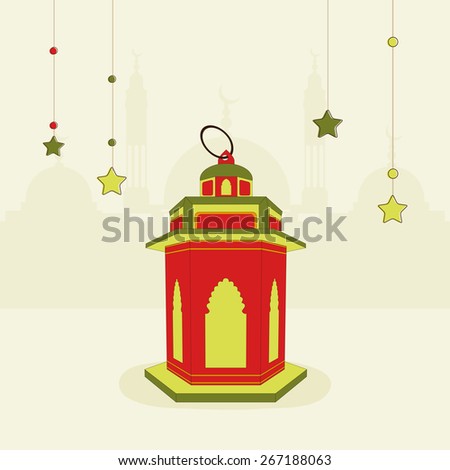 Illuminated arabic lanterns on stars decorated beige background for Islamic holy month of prayers Ramadan Kareem celebrations.