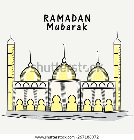 Illustration of a mosque on grey background, concept for Islamic holy month of prayers, Ramadan Mubarak celebrations.