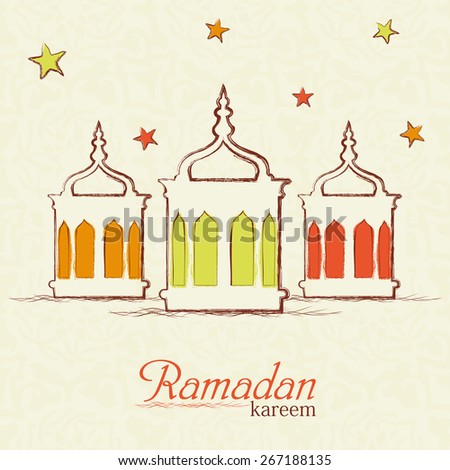 Colorful illuminated lanterns on star decorate beige background for Islamic holy month of prayers Ramadan Kareem celebrations.