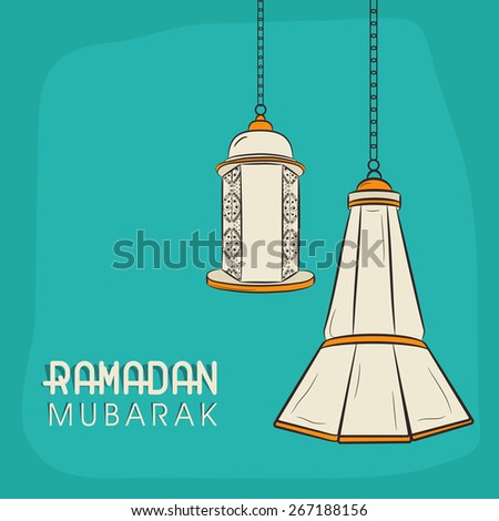 Beautiful hanging lanterns on green background for Islamic holy month of prayers, Ramadan Mubarak celebrations.