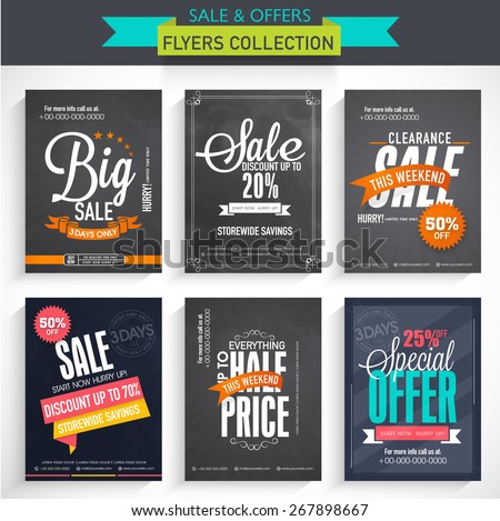 Collection of Sale Flyers with different discount offers, created on chalkboard background.