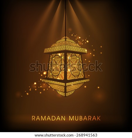 Hanging golden intricate arabic lantern on shiny brown background for Islamic holy month of prayers, Ramadan Kareem celebrations.
