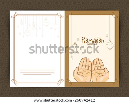 Hands praying Namaz (Muslim\'s Prayer), Elegant greeting card design for Islamic holy month of prayers, Ramadan Kareem celebrations.