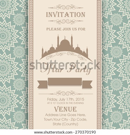 Islamic holy month of prayers Ramadan Kareem celebrations, Invitation card design for Iftar Party with mosque on seamless floral pattern background.