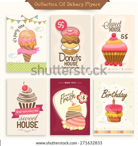 Set of different bakery flyers or menu cards decorated with ice cream, donuts and cupcakes.