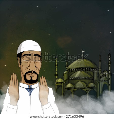 Religious Muslim man praying Namaz (Islamic Prayer) on mosque decorated background for holy month of prayers, Ramadan Kareem celebration.