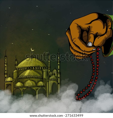 Islamic holy month of prayers, Ramadan Kareem celebration with illustration of human hand holding rosary on mosque decorated background.