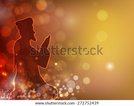 Islamic holy month of prayer, Ramadan Kareem celebration with illustration of islamic man reading Namaaz, made by neon light on shiny colorful background.