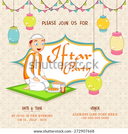 Islamic holy month of prayers, Ramadan Kareem Iftar Party celebration invitation card decorated with hanging Arabic lamps and illustration of a cute little Muslim boy on seamless background.
