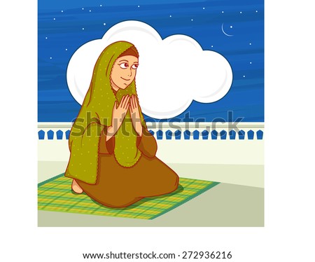 Islamic month of prayer, Ramadan Kareem celebration with young Muslim lady offering Namaz (Islamic Prayer) in night.