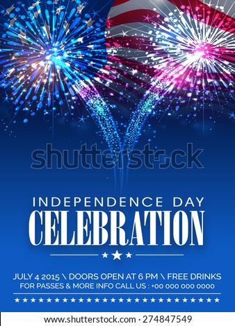 American Independence Day celebration beautiful invitation card with shiny fireworks on waving national flag background.