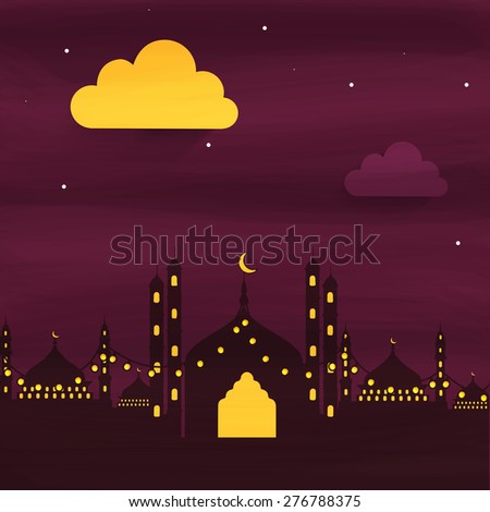 Beautiful view of a mosque with decorative lights in night view for Islamic holy month of prayers, Ramadan Kareem celebrations.