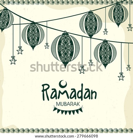 Floral Arabic lanterns and stars decorated greeting card for Islamic holy month of prayer, Ramadan Kareem celebration.