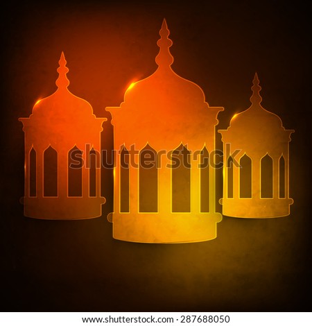 Glowing traditional lanterns on grungy brown background for Islamic holy month of prayers, Ramadan Kareem celebration.