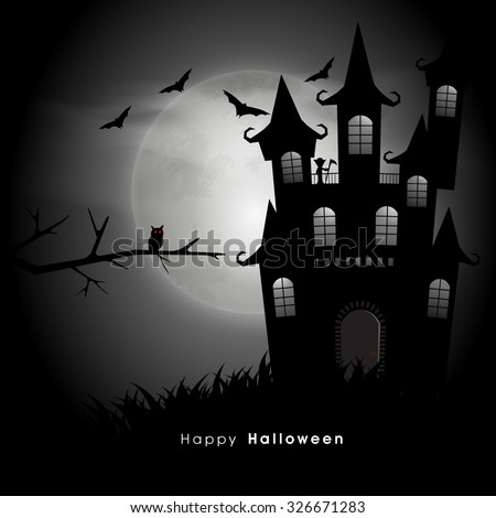 Printcanvas Happy Halloween Party Celebration With Scary Haunted House And Flying Bats On Horrible Night Background