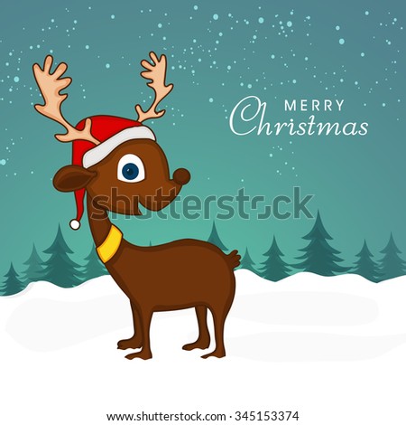 Cute Reindeer In Santa Cap On Winter Background For Merry Christmas