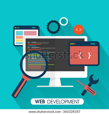 Web Development concept with digital devices on sky blue background.