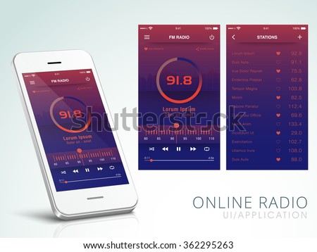 Online Radio Application User Interface layout including FM Radio Screen and Station Screens for Mobile Apps.
