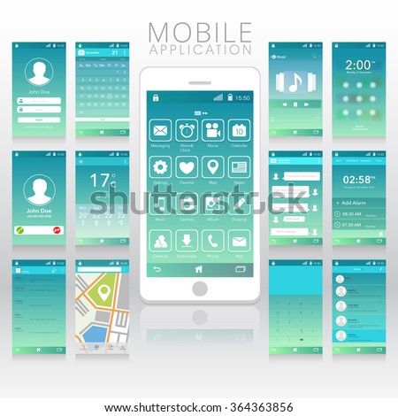 Modern different UI, UX and GUI template with flat web icons including Calling, Calendar, Music, Lock, weather, Messaging, Chat, Clock, Alarm, Album, City Map and Calculator Screens for Mobile Apps.