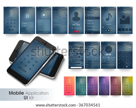 Different UI, UX and GUI layout including lock, sign-in, Create Account, Calendar, Calling, Contact, Music, Image Gallery, Messaging, Weather, Albums, and Calculator screens with four color options.