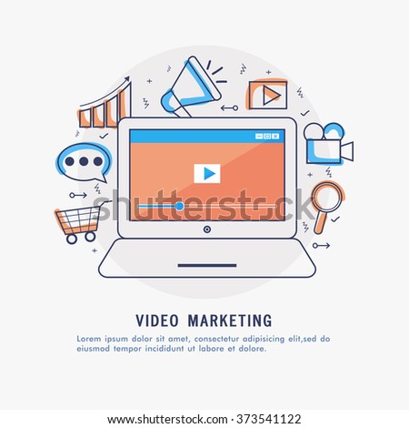 Video Marketing concept with creative Infographic elements, features and laptop showing video screen.