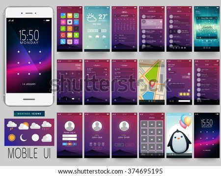 Creative UI, UX, GUI Screens for mobile apps and responsive website including Menu, Weather, calendar, Contacts, Music, Calculator, Map, Chat, Login, Calling, Picture Gallery and Lock Screens.