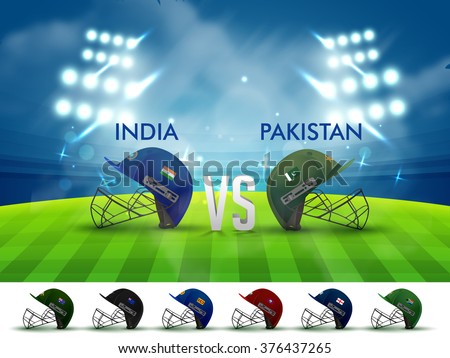 India VS Pakistan, Cricket Match concept with creative illustration of participant countries Batsman Helmets on night stadium lights background.