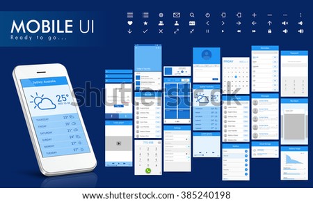 Material Design UI, UX Screens, flat web icons for mobile apps, responsive websites with Sign In, Calendar, Contact List, Message, Stopwatch, Music, Calculator, Security, Search, Data Usages Features.