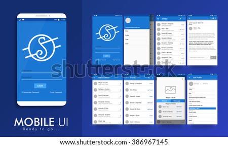 Material design UI, UX screens, flat web icons for mobile apps, responsive websites. login, email profile setting, inbox, email preview, conversation, friends, message preview, edit profile screens. 