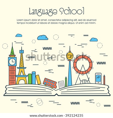 One page web design template, line art flat icons based on language school training program, study foreign language abroad, internet lessons. Hero image, website layout and website slider.