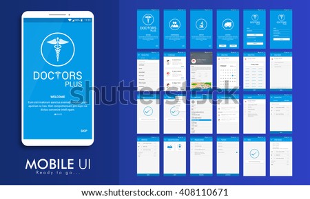 Material Design UI, UX, GUI screens for Health & Medical Mobile Apps with Doctor Details, Booking, Select Date, Time, Edit Profile, Appointment Details, Shipping Details, Payment & Order Features. 